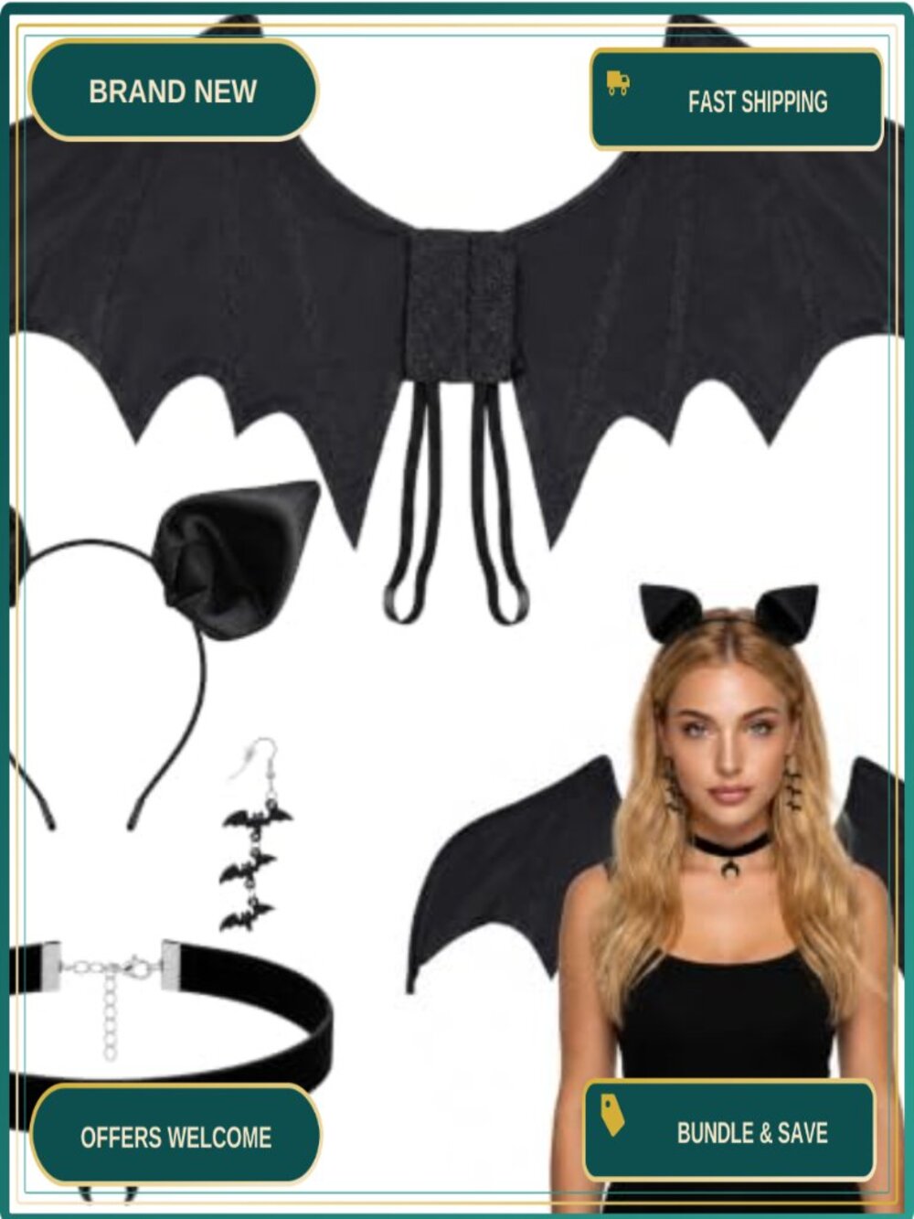 4 Pcs Bat Wing Set Oversized Wings Headband Earrings Choker Halloween Costume